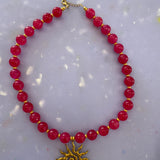 Beaded by Loz - hot pink chunky bead//gold sun pendant