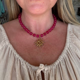 Beaded by Loz - hot pink chunky bead//gold sun pendant